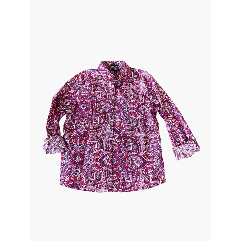 Lands' End No Iron Supima Button Down Shirt Women's 18T Pink Paisley Long Sleeve